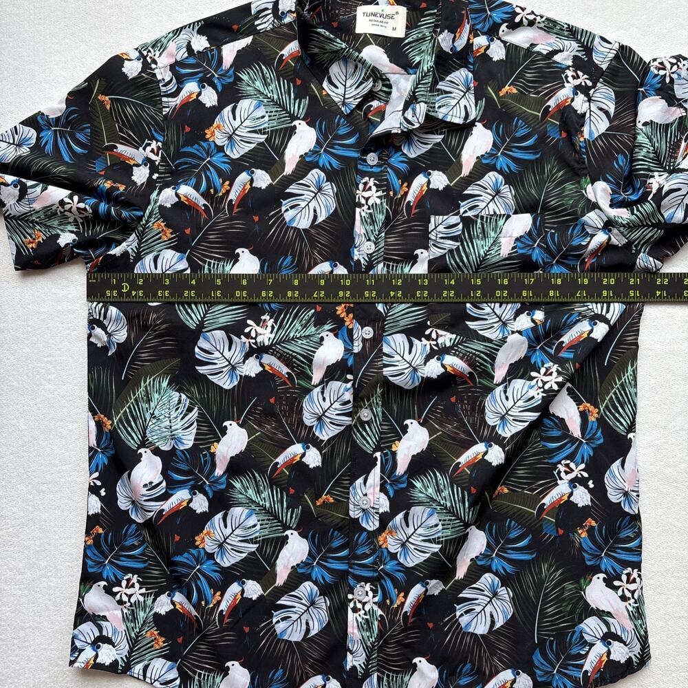 Tunevuse Tropical Bird Print Button Down Shirt Mens Size Medium Black Floral - Picture 11 of 12